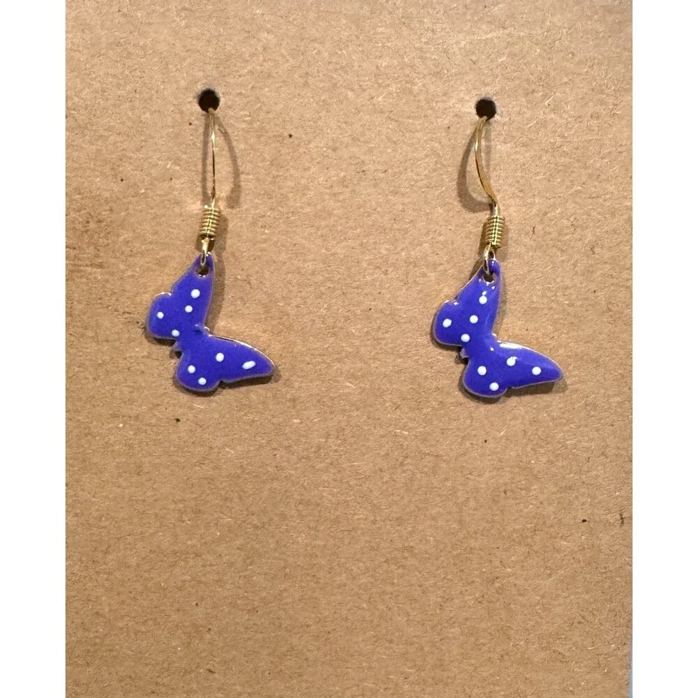 Enamel Purple Polk a Dot Butterfly Charm 10kt Gold Earrings #2230